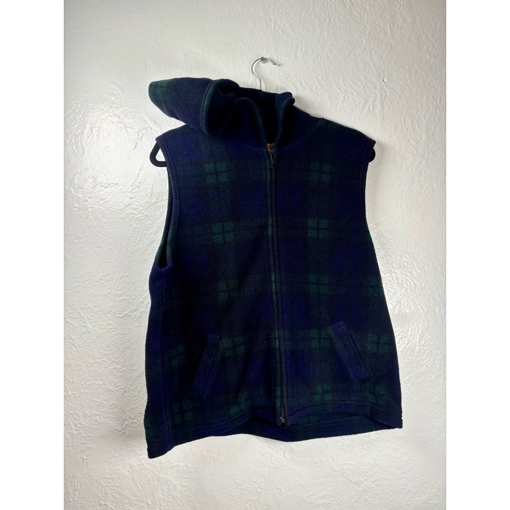 Talbots Womens Large Fleece Vest Plaid Navy Green Hooded Full Zip USA Cabincore